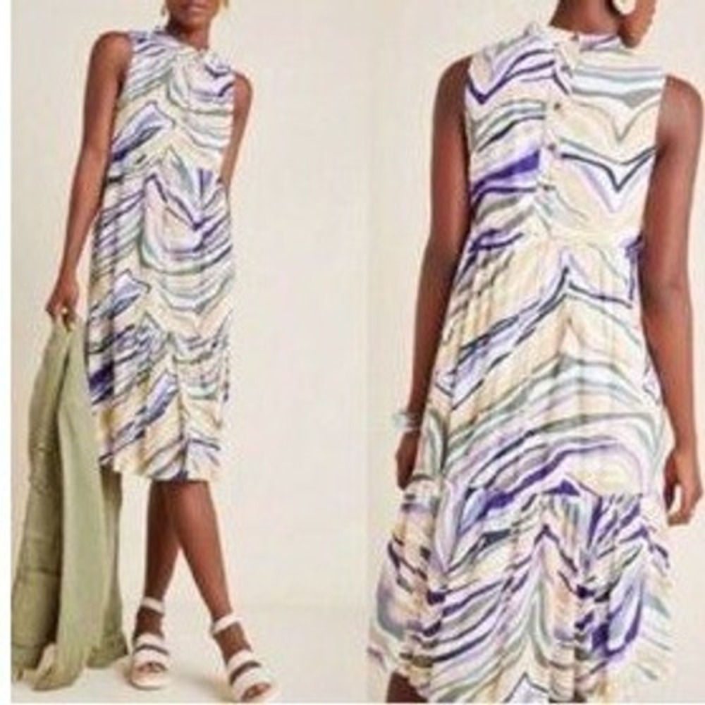 Anthropologie Abstract Zebra Print Swiss Dot Tiered Women Midi Dress Faustina 8